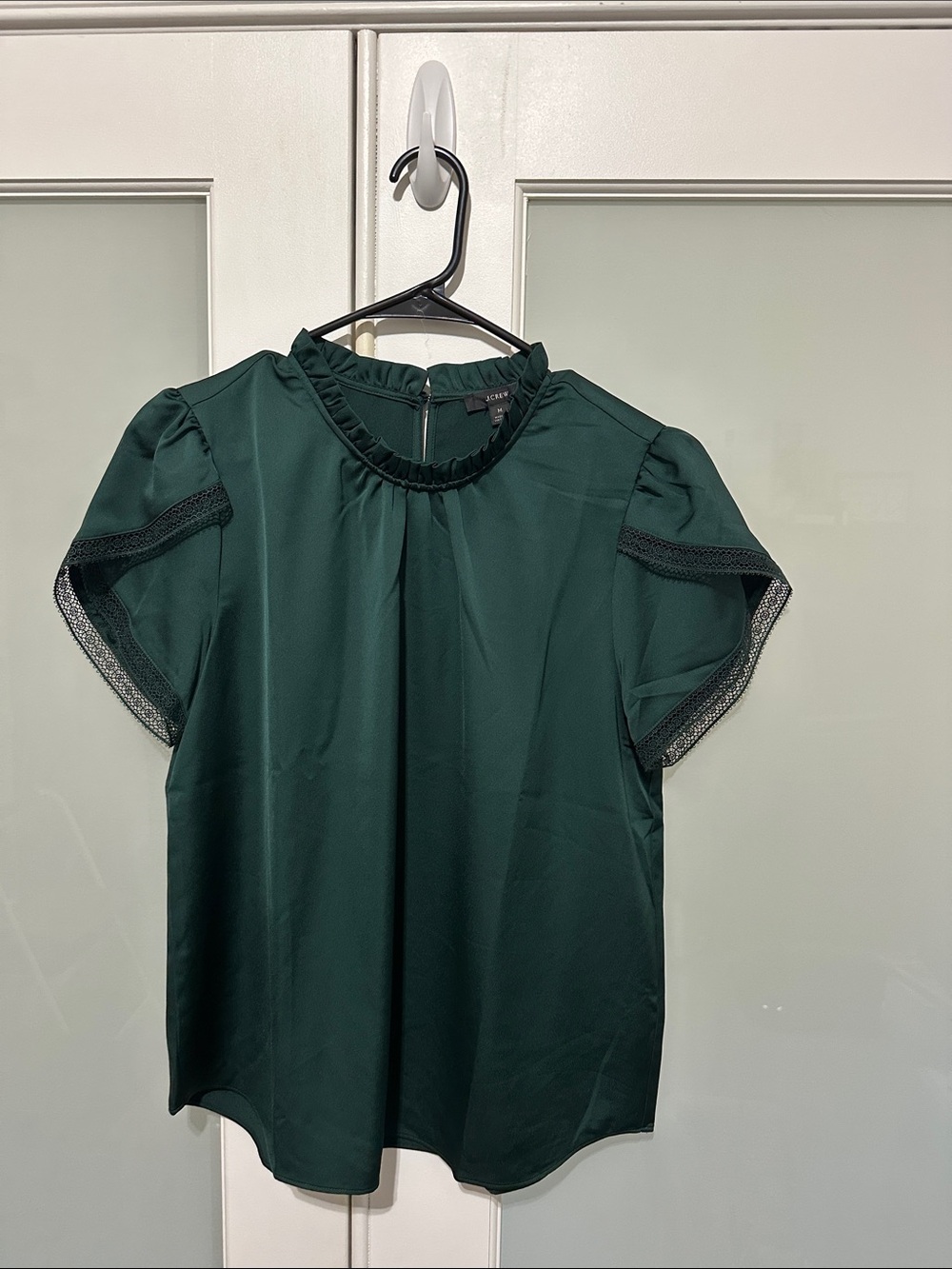 J.Crew Size M Dark Green Short Sleeve Ruffle-Neck Blouse